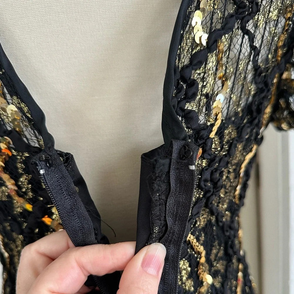 Vintage 80s Sequin Evening Dress Black Gold Floral Lace Size Small Formal - Picture 14 of 14